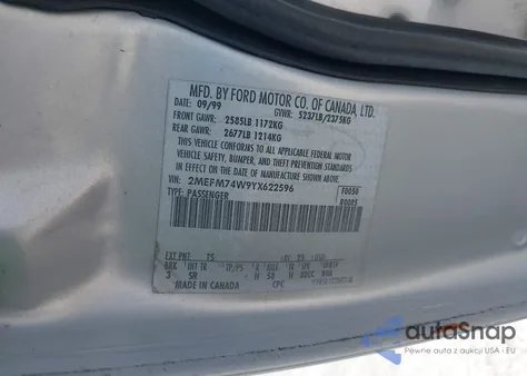 2000 Mercury Grand Marquis Gs from USA, damaged, VIN 2MEFM74W9YX622596